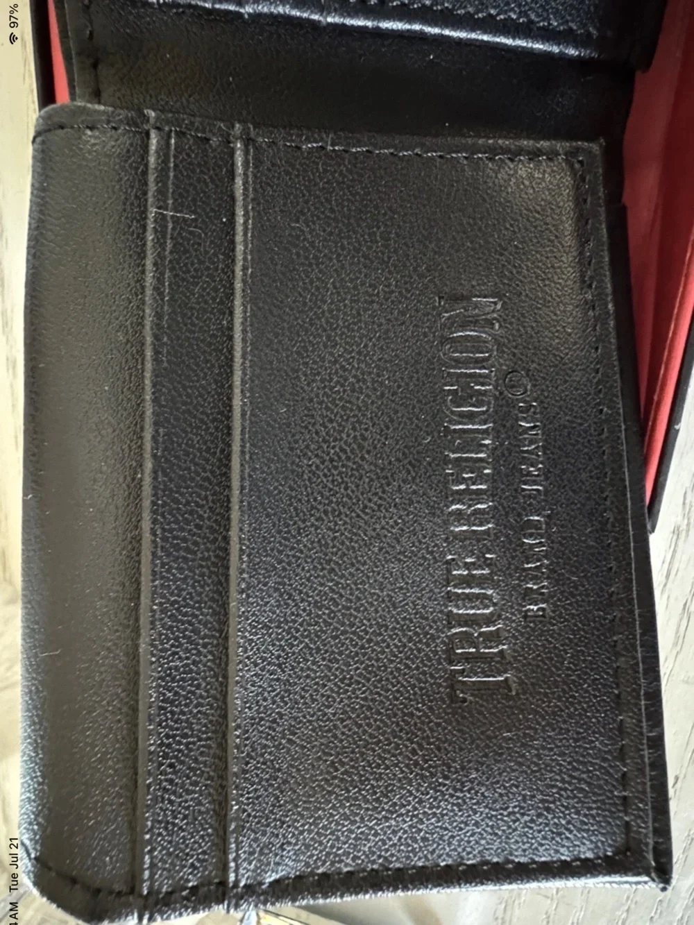 True Religion Black Leather Card Holder with Gold Horseshoe Accent